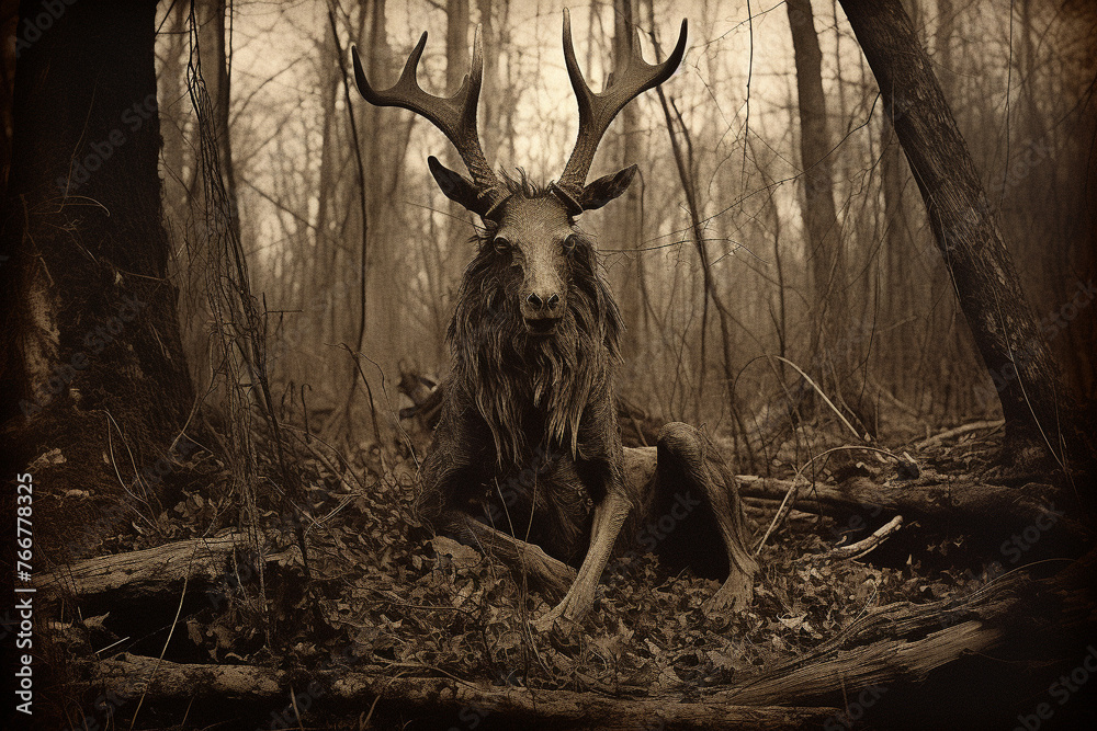 Culture and religion, horror, sci-fi concept. Wendigo mythical being creature in forest. Retro vintage old film photography style. Deer looking humanoid creature with horns - obrazy, fototapety, plakaty 