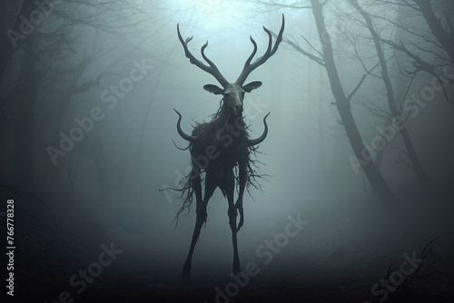 Culture and religion, horror, sci-fi concept. Wendigo mythical being creature in forest. Deer looking humanoid creature with horns in woods