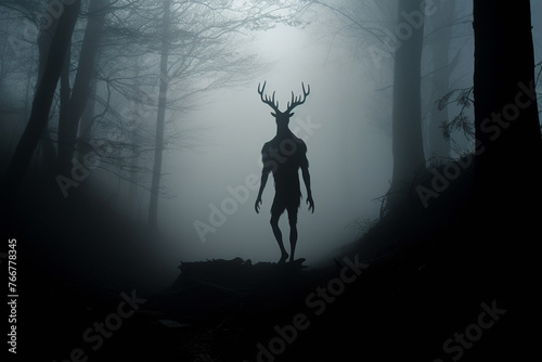 Culture and religion, horror, sci-fi concept. Wendigo mythical being creature in forest. Deer looking humanoid creature with horns in woods © Rytis
