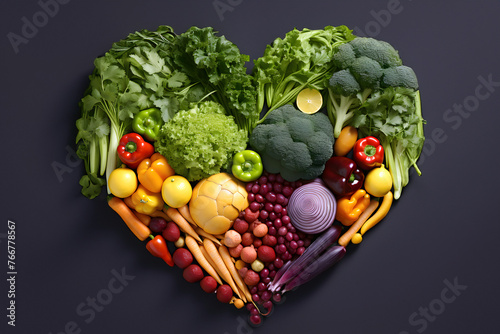 Heart shape made of fresh vegetables on dark background. Healthy food concept. top view