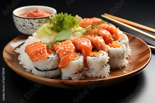 Sushi rolls with salmon, cream cheese, cucumber, sesame seeds, wasabi and ginger on a black background. Sushi menu. Japanese food