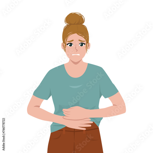 Young woman feel pain in stomach. Stomach acid reflux disease and digestive system problem. Flat Vector Illustration Isolated on White Background
