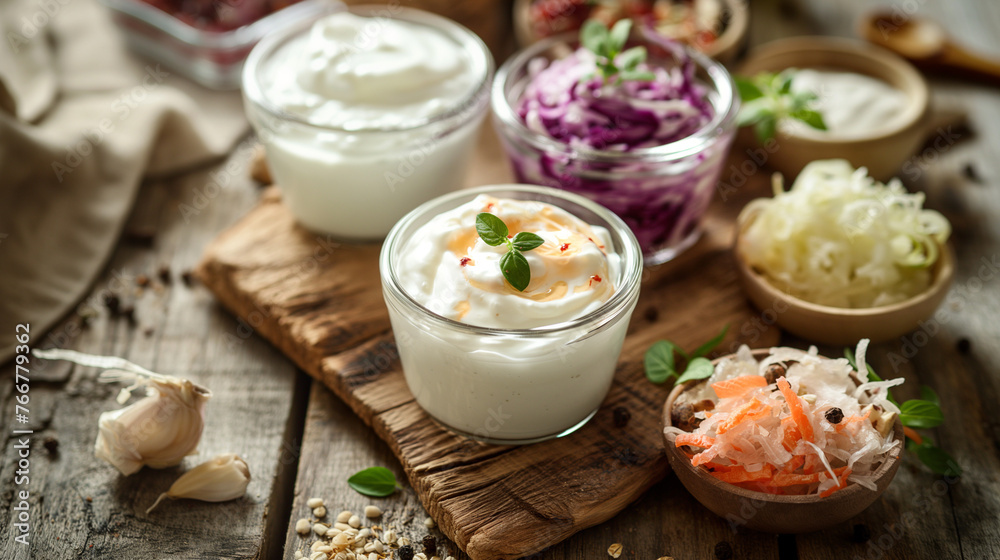 Homemade Sauerkraut Varieties and Spices on Wood Homemade Sauerkraut Varieties and Spices on Wood