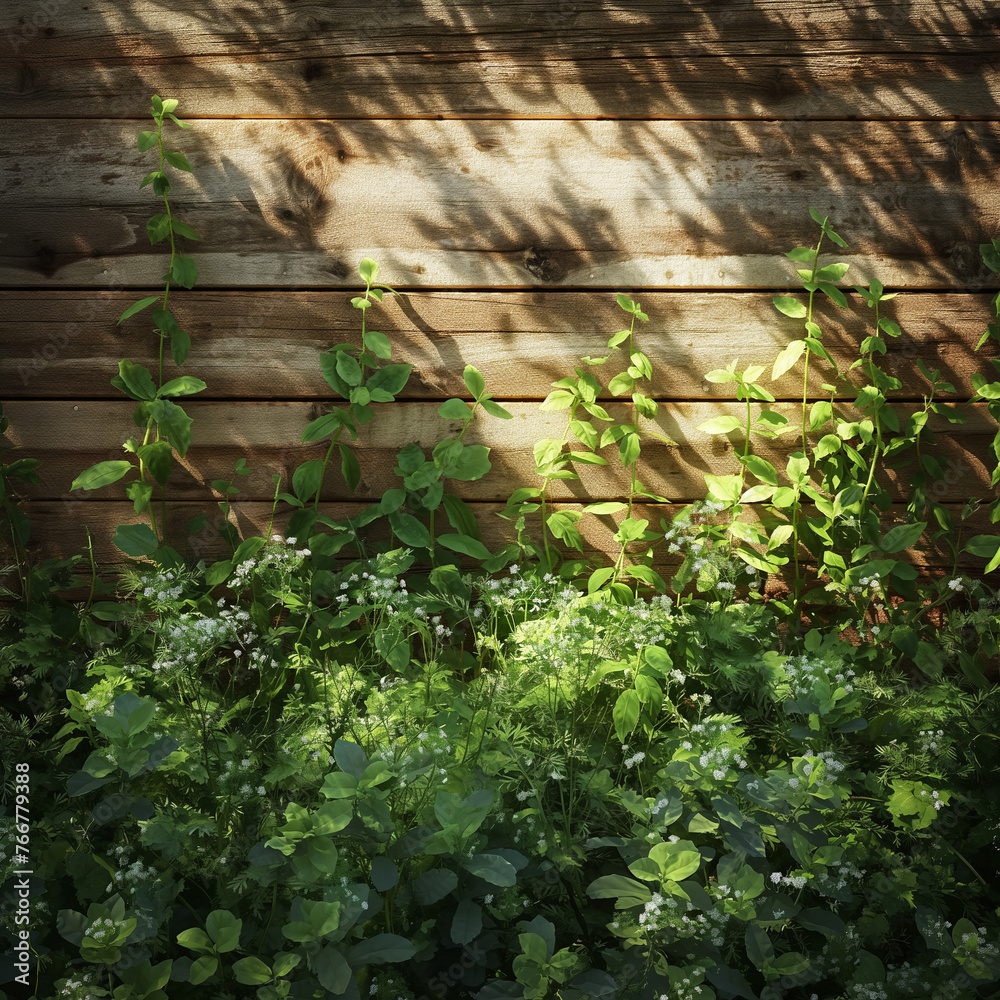 Sunlight Casting Shadows on Wooden Fence and Foliage