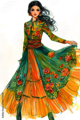 A fashion design with colorful embellishments in an orange and green day dress