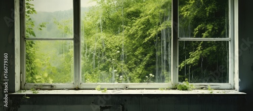 Through the window  a picturesque view of a dense forest can be seen in the outdoor scenery