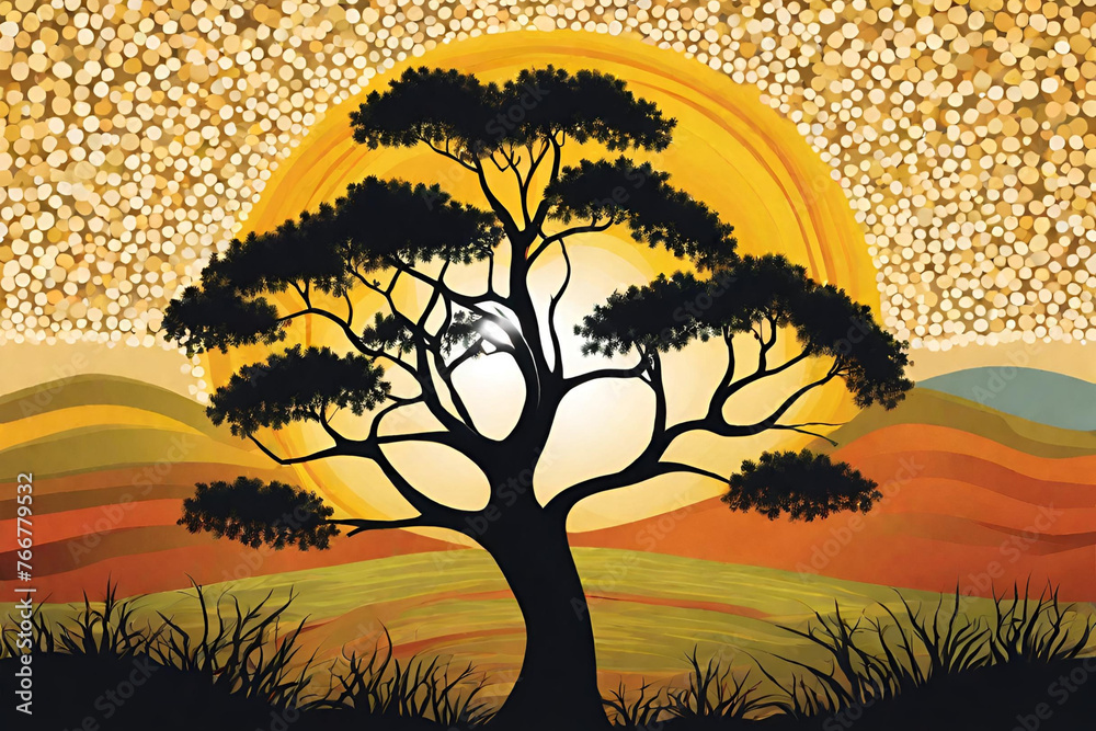 Tree on the hill, Aboriginal tree, Aboriginal art vector painting with ...