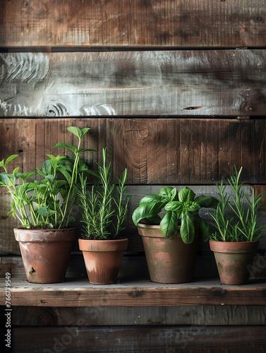 Herb Plants on Wooden Shelves Against Rustic Wall