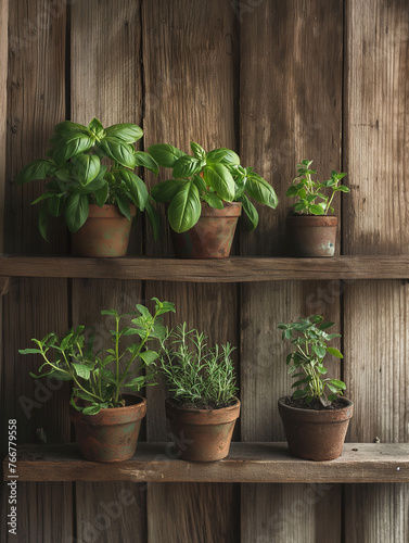 Herb Plants on Wooden Shelves Against Rustic Wall