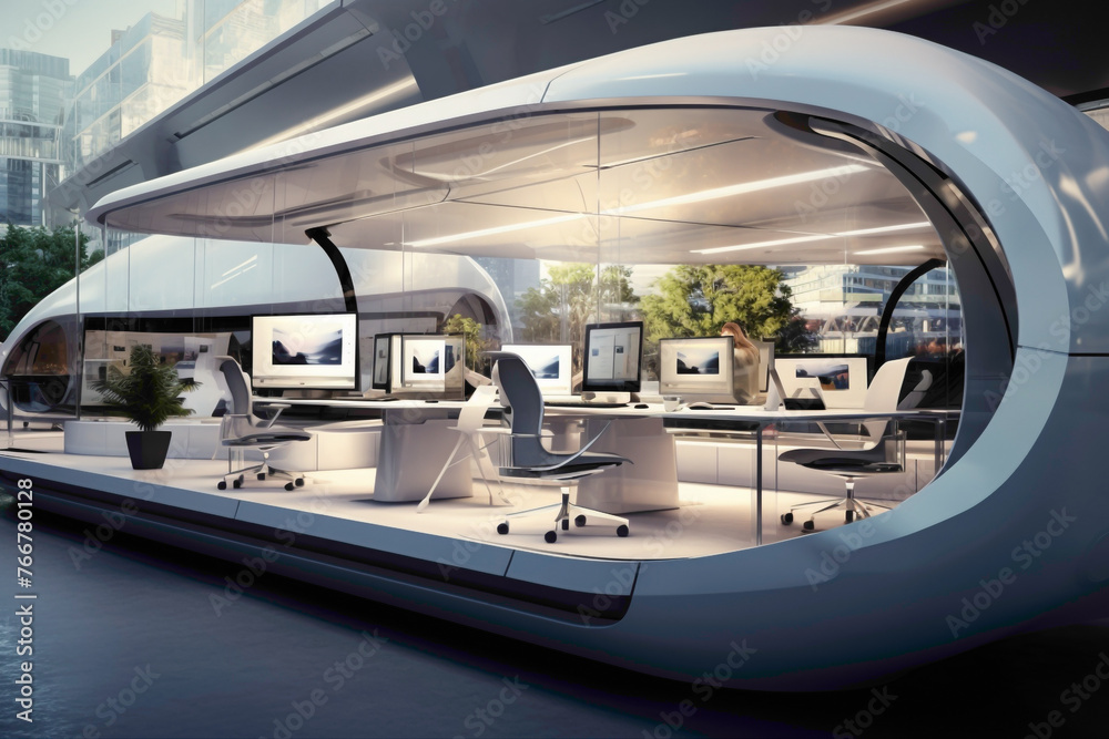 A futuristic pod-like workspace housing a state-of-the-art computer station surrounded by immersive screens and ergonomic seating, designed for ultimate focus.