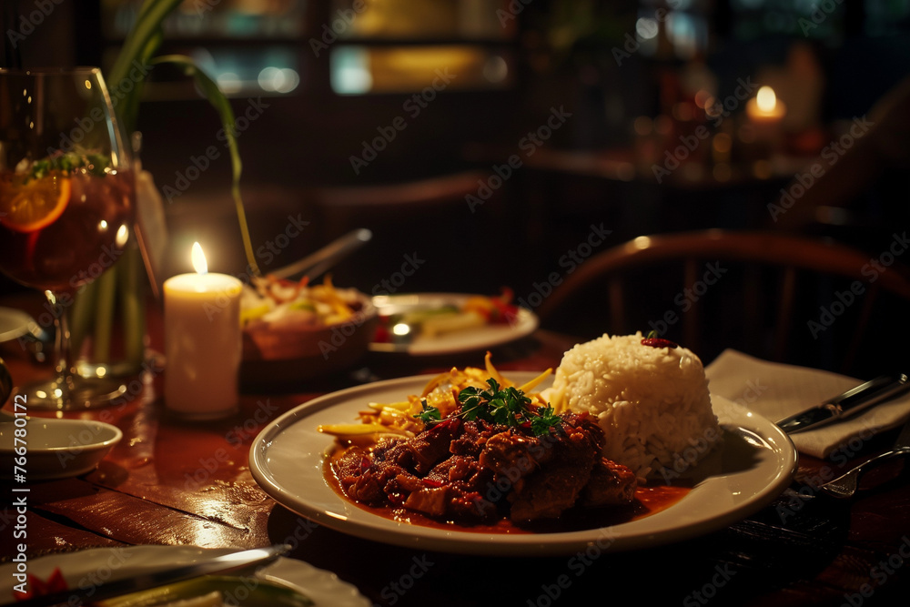 food in restaurant featuring nasi padang with prawn curry food in restaurant featuring nasi padang with prawn curry