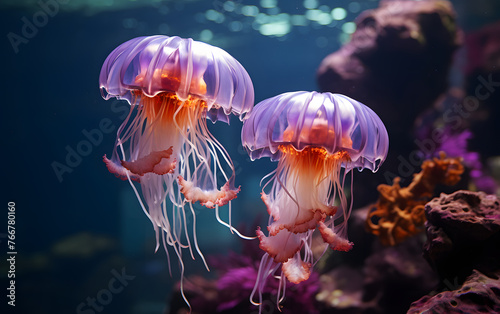 tropical brightly colored jellyfish in the warm waters of the sea. Undersea world.