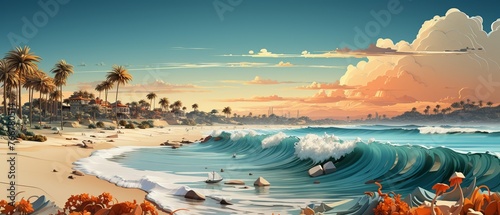 A 3D cartoon day at the beach with happy families and surfers photo