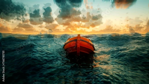 Solitary Lifeboat Drifting Amidst the Vastness of the Ocean photo