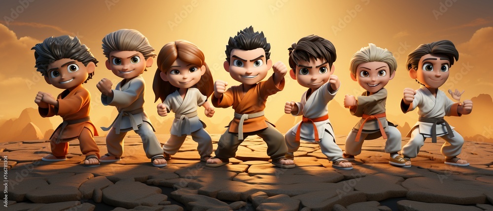 Happy 3D cartoon martial artists demonstrating high kicks with a backdrop of traditional dojos under the sun  isolated on white background - obrazy, fototapety, plakaty 
