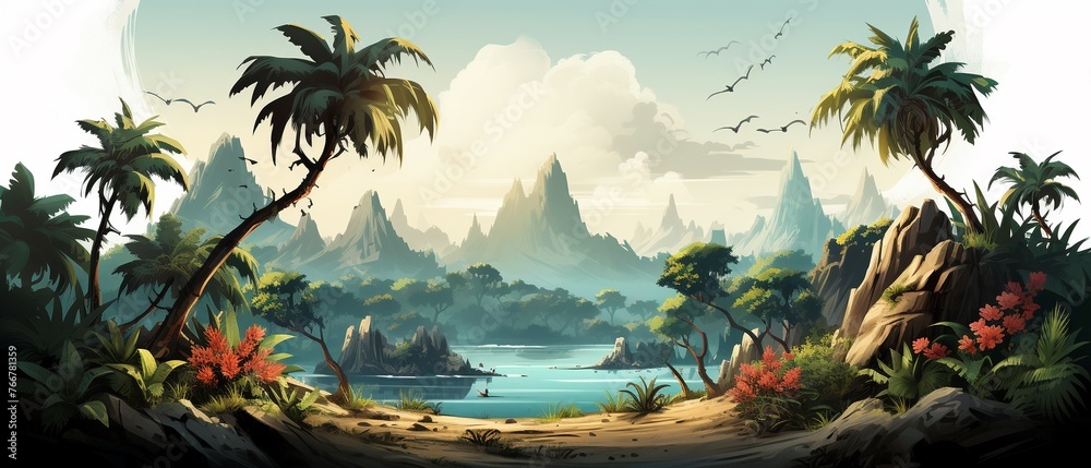 Fototapeta premium Joyful 3D cartoon pirates finding treasure on an island