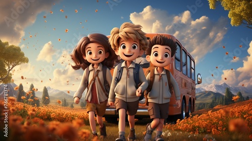 Joyful 3D cartoon school kids on a field trip bus and landmarks photo