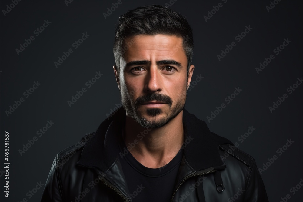 Portrait of a handsome bearded man in a leather jacket on a dark background