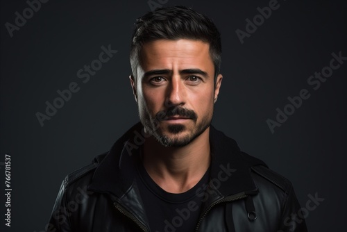 Portrait of a handsome bearded man in a leather jacket on a dark background