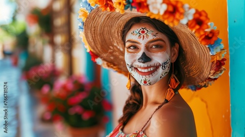 woman in traditional costume cinco de mayo sugar skull face painted