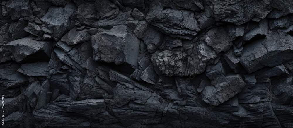 A detailed view of a solid black rock wall set against a plain black background