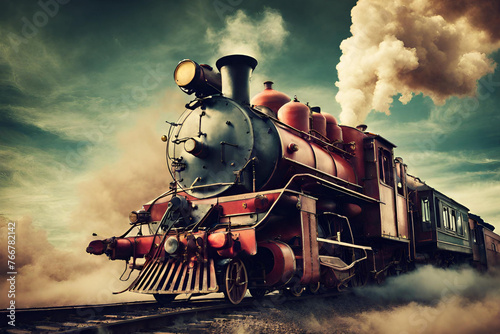 Unusually colored surreal fantasy image with vintage steam locomotive flying against dramatic sky photo