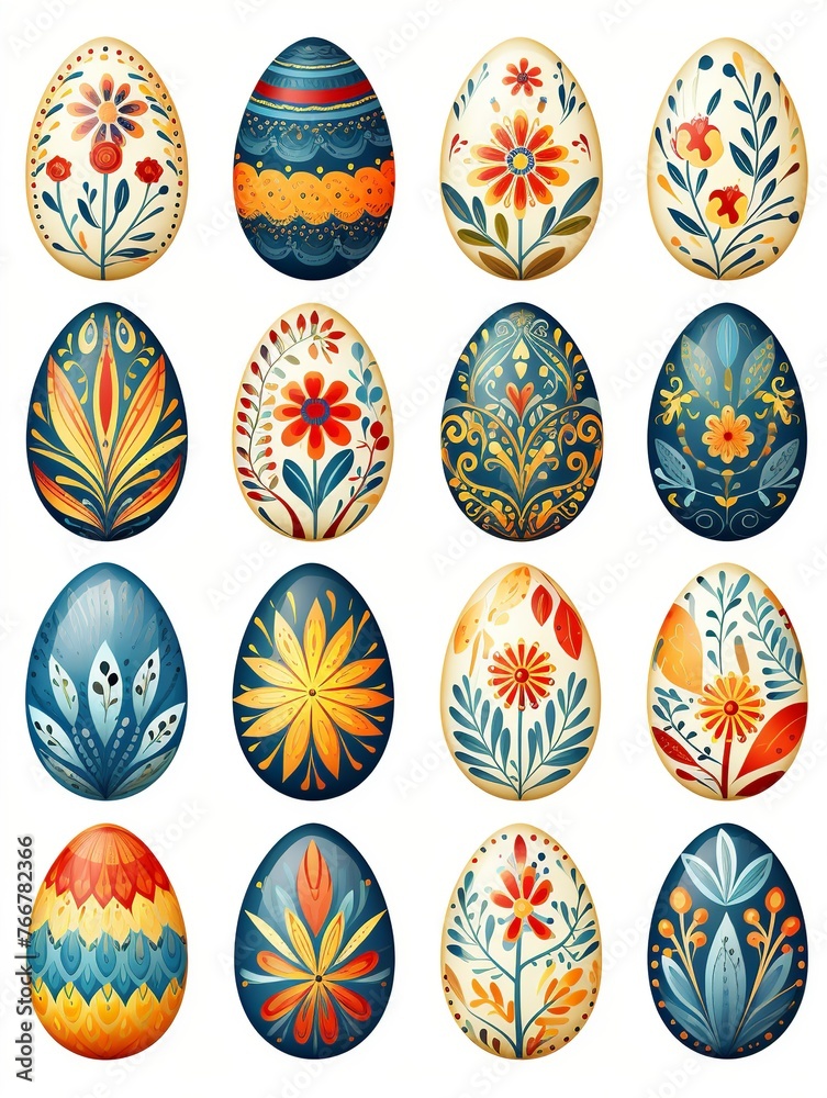 A collection of painted eggs with flowers and other designs
