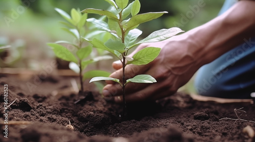 Close-up of hands of senior woman planting sapling in soil photo