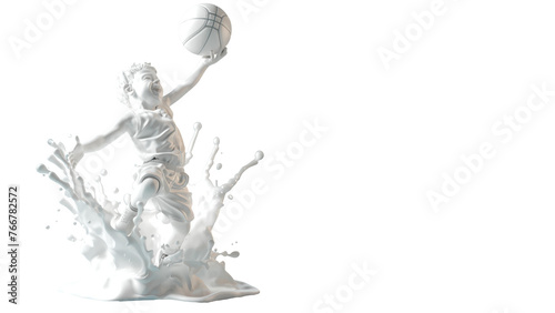 Splash of milk in form of boy s body with playing basketball and slam dunk  isolate on a transparent background.