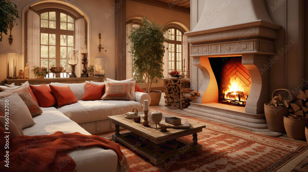 A cozy room with terracotta and cream tones, a fireplace, and comfortable seating arrangements.