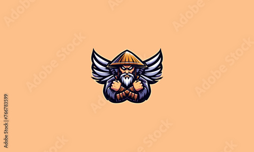 character old man wearing hat with wings angry vector logo design