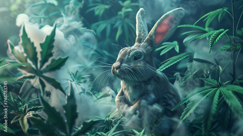 Illustration, hare in a field with hemp, smoke around it photo