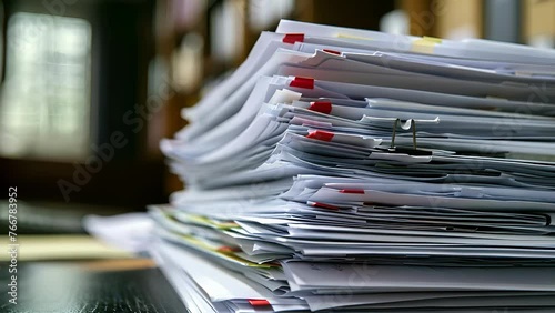 A stack of legal documents sits on a desk ready to be processed for a business contract. photo