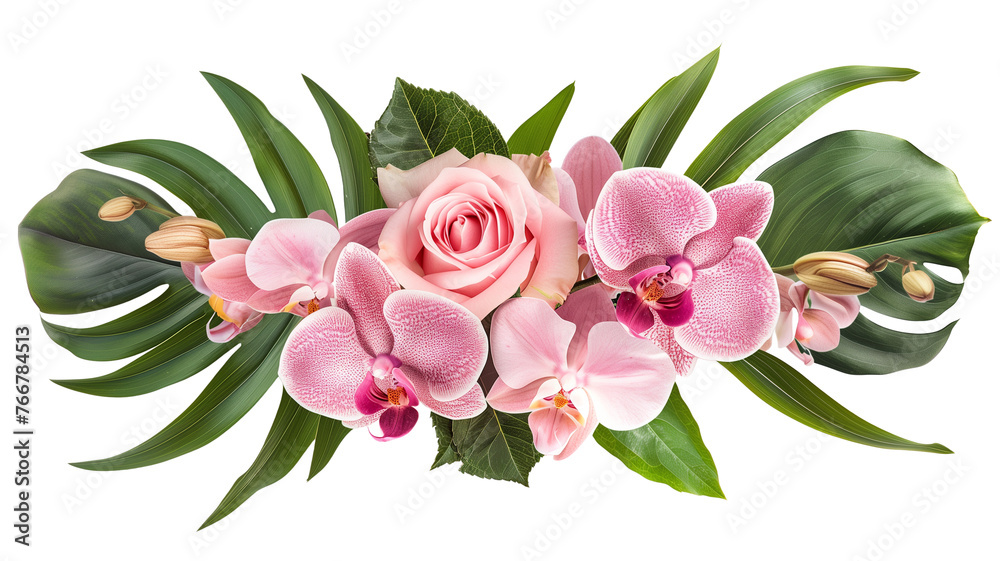 Pink rose and tropical orchid flowers with green leaves floral arrangement, bouquet, isolated on transparent background Pink rose and tropical orchid flowers with green leaves floral arrangement, bouquet, isolated on transparent background