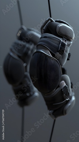 Elbow Pads Swinging on a String Against Minimalist Backdrop in Cinematic Photographic Style