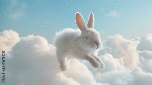 Fluffy White Rabbit Leaping Through Ethereal Clouds in Serene Minimalist Landscape © lertsakwiman