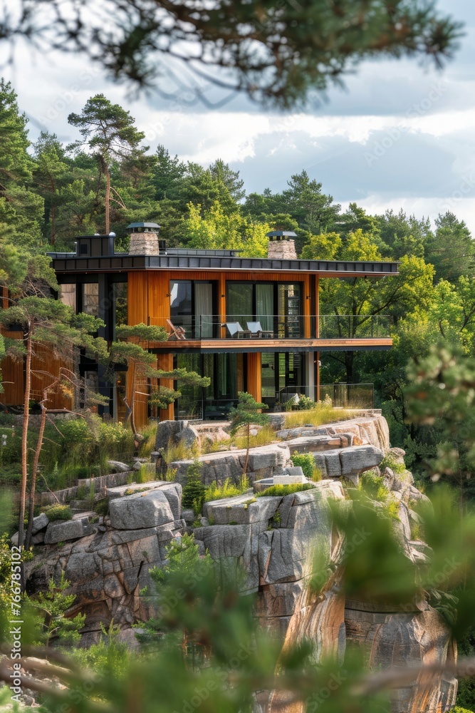 Obraz premium Luxurious wooden house in natural setting. A luxurious multi-story wooden house nestles seamlessly into a rocky forest landscape, reflecting harmony with nature