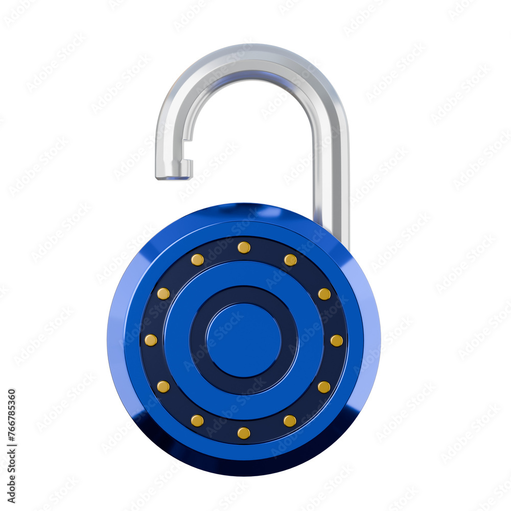 Blue padlock with circular a yellow button 3D realistic render Blue padlock with circular a yellow button 3D realistic render