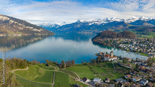 Aerial panorama view of the medieaval castle Spiez on the Thun Lake, Switzerland photo
