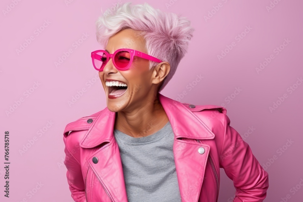 Portrait of a smiling punk girl in pink sunglasses and leather jacket