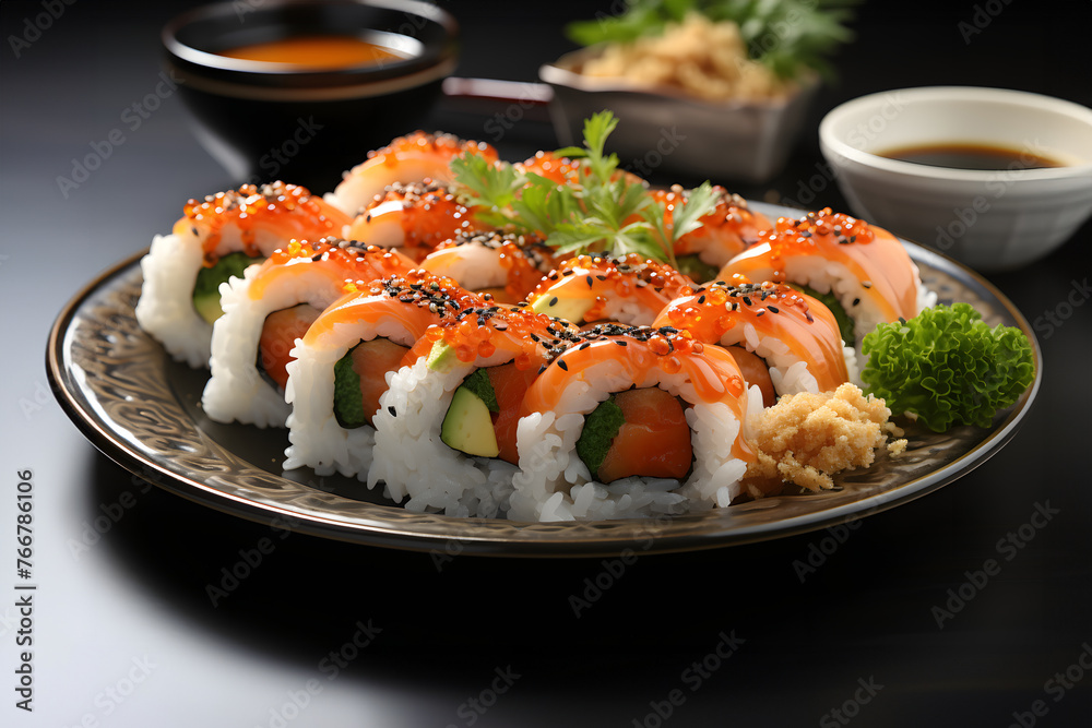 Sushi rolls with salmon, cream cheese, cucumber, sesame seeds, wasabi and ginger on a black background. Sushi menu. Japanese food Sushi rolls with salmon, cream cheese, cucumber, sesame seeds, wasabi and ginger on a black background. Sushi menu. Japanese food