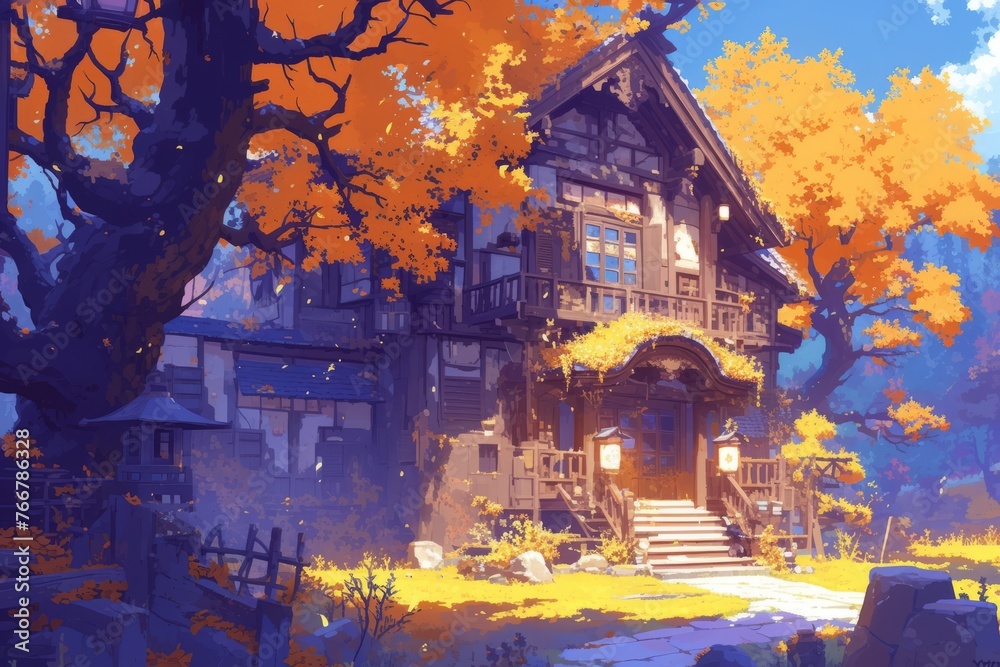 House in a forest, autumn, anime style, wallpaper