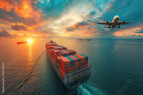 Airplane Flying Over Cargo Ship at Sunset