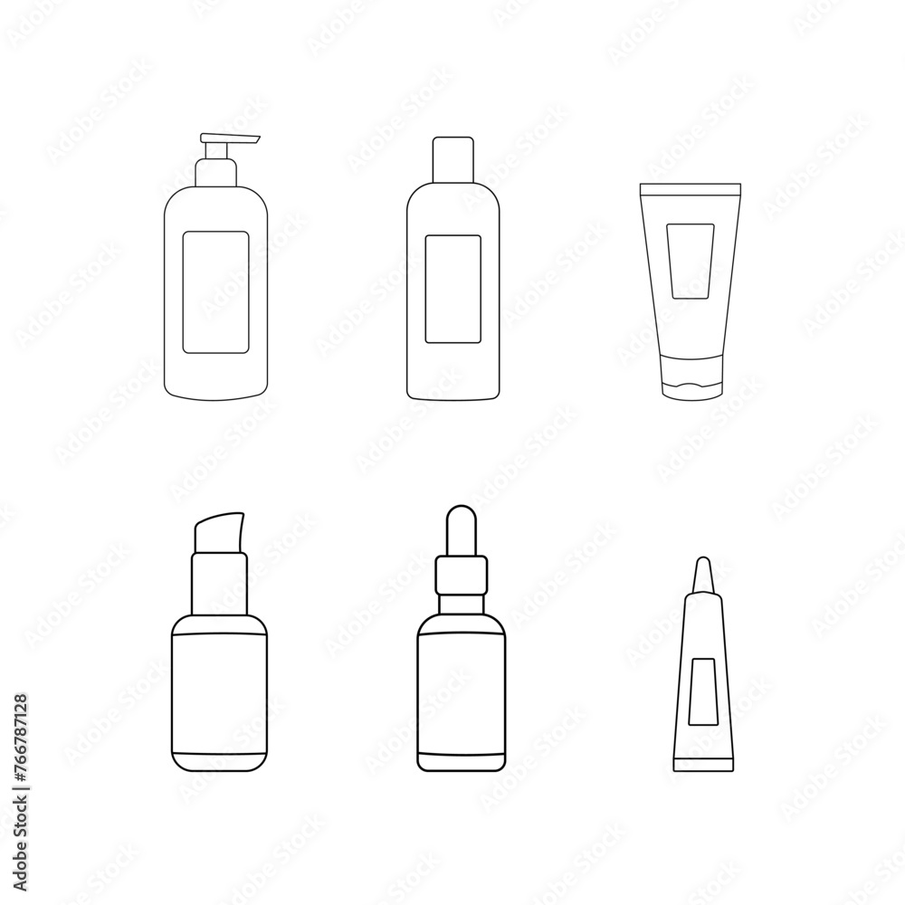 Cosmetics containers bottles vector linear outline icons set collection isolated on white background. Cosmetics containers bottles vector linear outline icons set collection isolated on white background.
