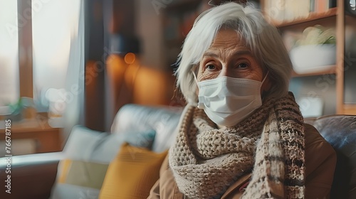 old woman with surgical mask in living room, epidemic and pollution crisis concept
