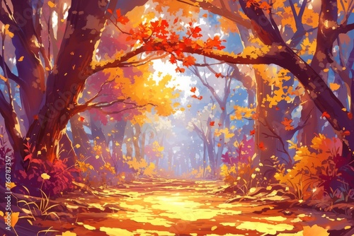 Autumn woodland forest background, wallpaper, anime photo
