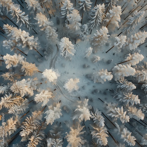 winter pine forest landscape  top view