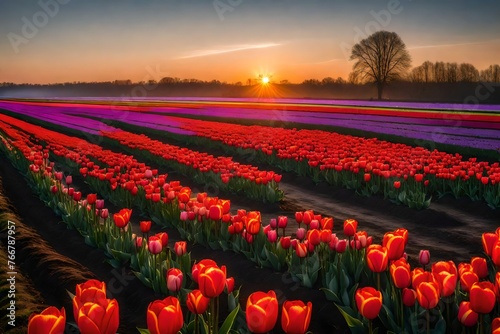 field of tulips at sunset