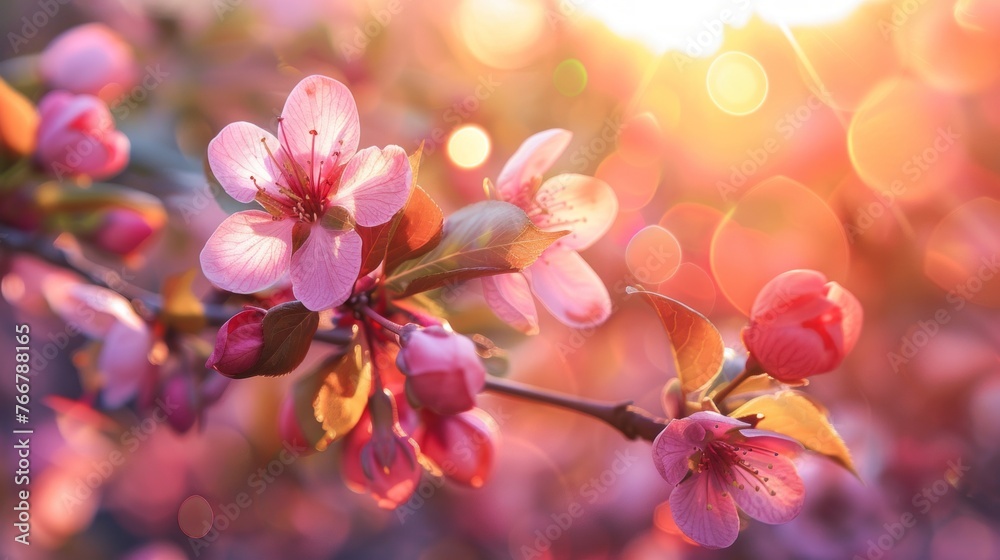Sunlit Blossoming Cherry Branches at Sunset