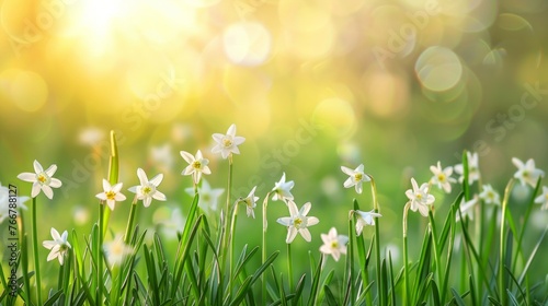 Spring Daffodils Blooming in Morning Dew